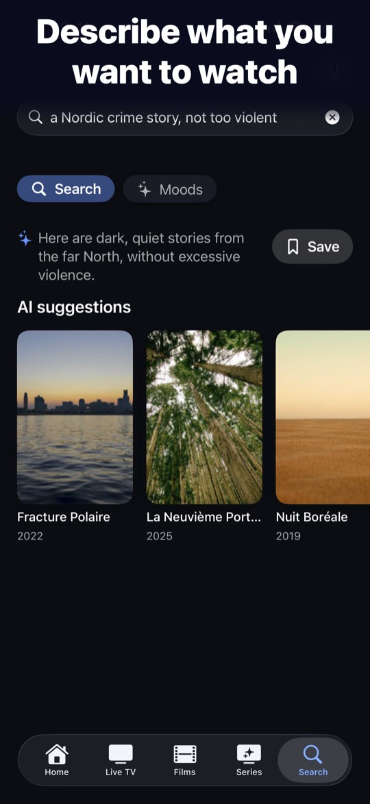 Natural-language search in AuraTV, showing demo titles