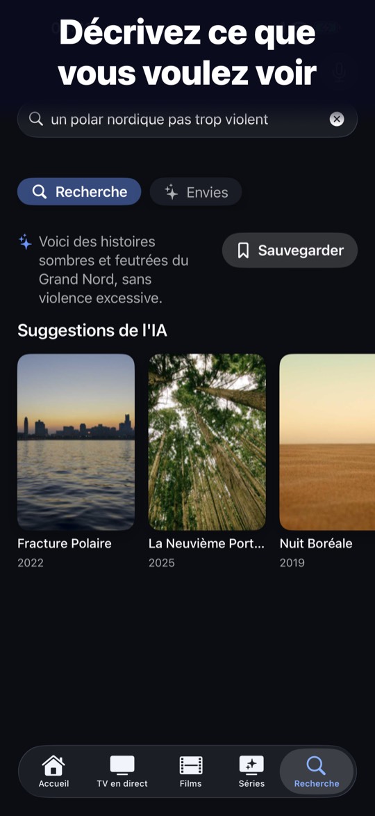 Recherche en langage naturel dans AuraTV, avec des titres de démonstration